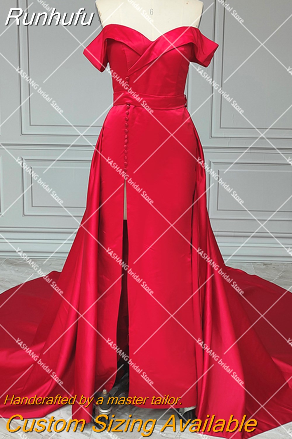 Runhufu Luxury Off Shoulder Mermaid Wedding Dress Lace Up High Right Split Detachable Train Taffeta Buttons Cathedral Bridal Gowns