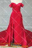 Runhufu Luxury Off Shoulder Mermaid Wedding Dress Lace Up High Right Split Detachable Train Taffeta Buttons Cathedral Bridal Gowns