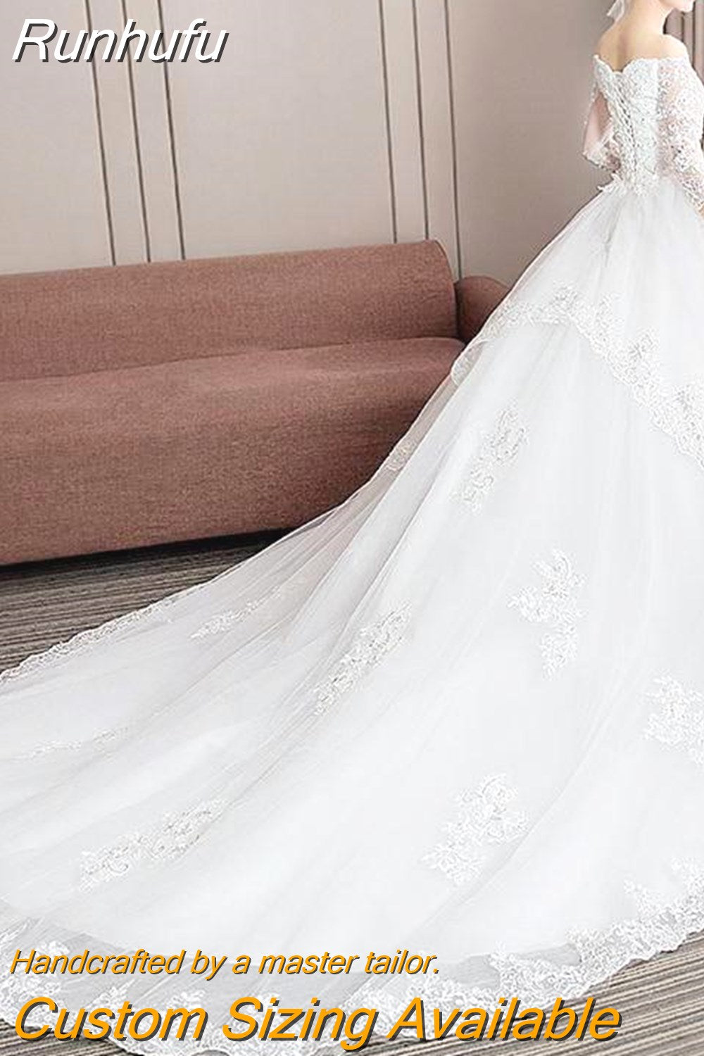 Runhufu Long Tail Half Sleeve Wedding Dress Princess Wedding Gown Lace V Neck Bridal Dress Plus Size