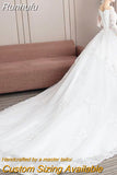 Runhufu Long Tail Half Sleeve Wedding Dress Princess Wedding Gown Lace V Neck Bridal Dress Plus Size