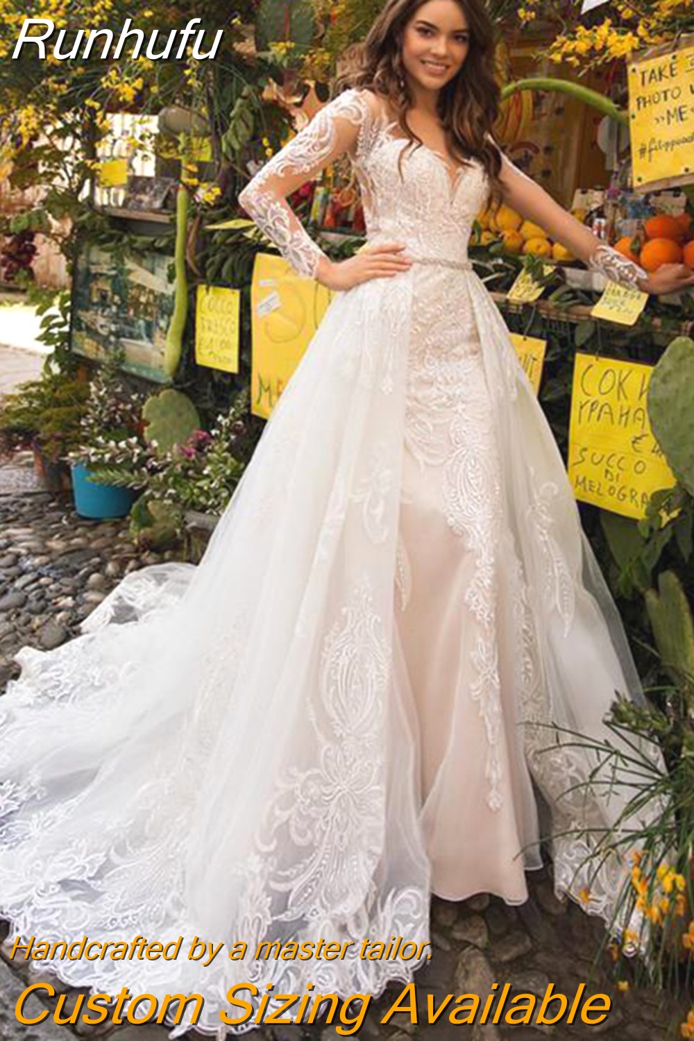 Runhufu Luxury Lace Wedding Dress Long Sleeve Sheer V-Neck 2 In 1 Modern Mermaid Bride Gown Detachable Train Vestido de noiva