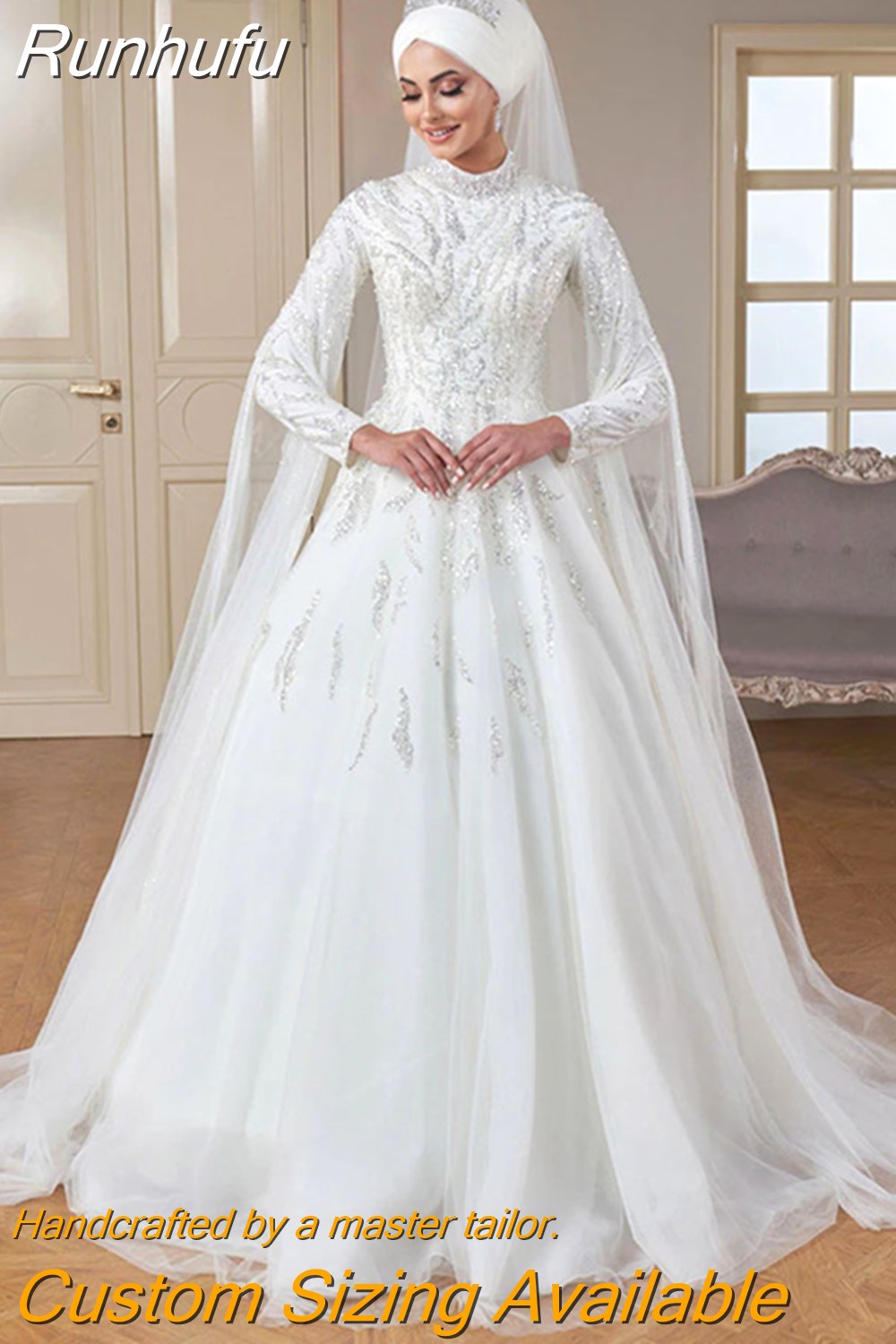 Runhufu Luxury Beaded Long Sleeve Muslim Wedding Dresses High Neck Islamic Hijab Bridal Gown Arabic Dubai Kaftan Vestidos De Novi