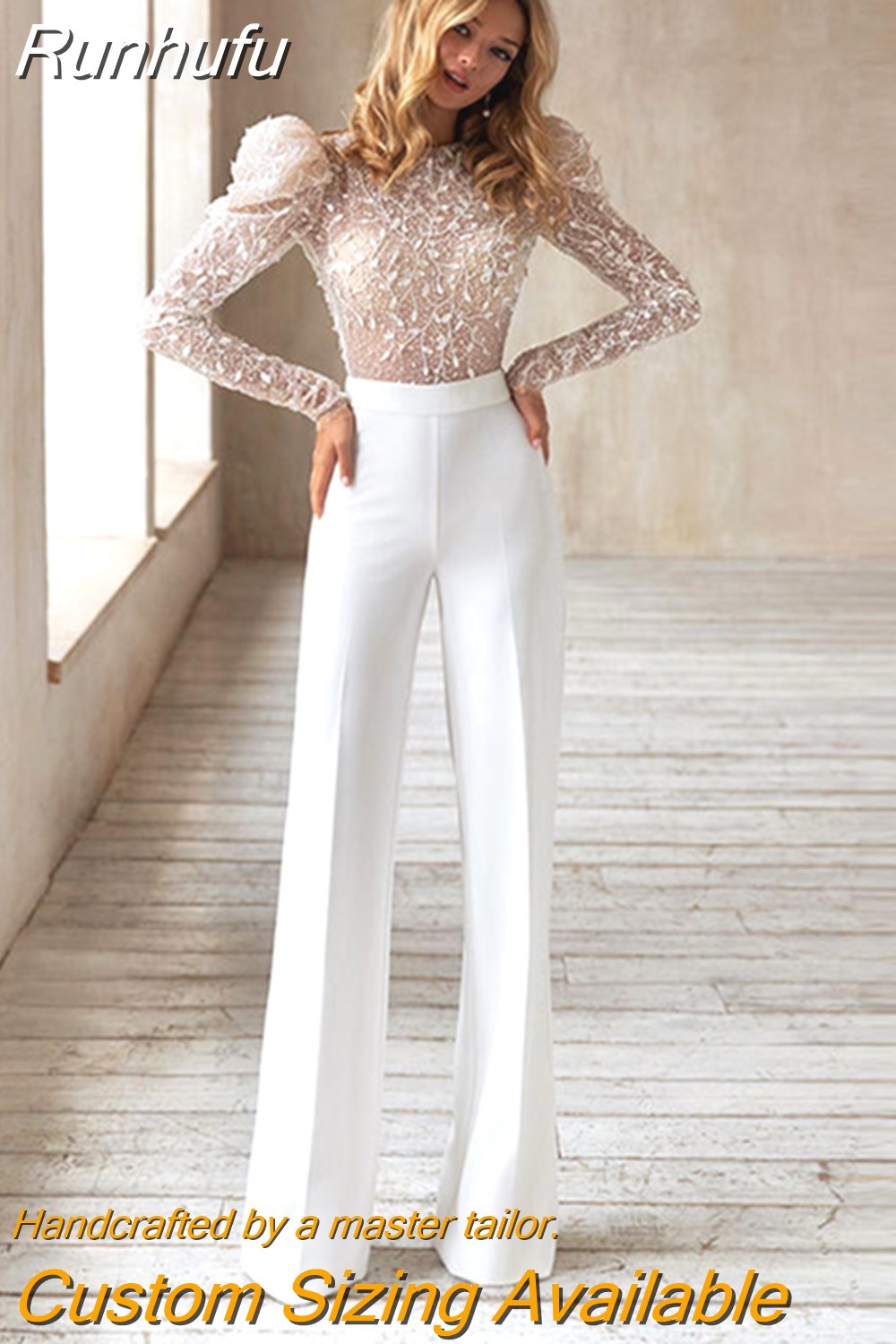 Runhufu Elegant Wedding Jumpsuit Sparkle Luxury Long Sleeves 3D Flowers Beadings Open Back Pants Suits For Bride Vestido De Novia