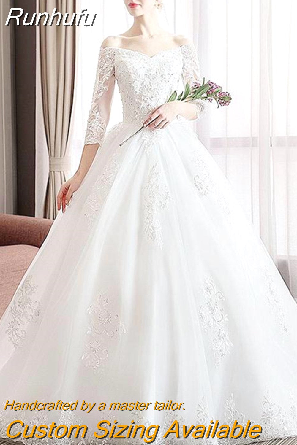 Runhufu Long Tail Half Sleeve Wedding Dress Princess Wedding Gown Lace V Neck Bridal Dress Plus Size