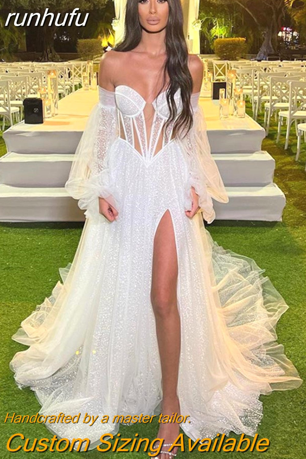 runhufu Sparkly Dotted Tulle Wedding Dresses Sweetheart Puff Sleeves High Side Split A-Line Wedding Gown Princess Bridal Gowns
