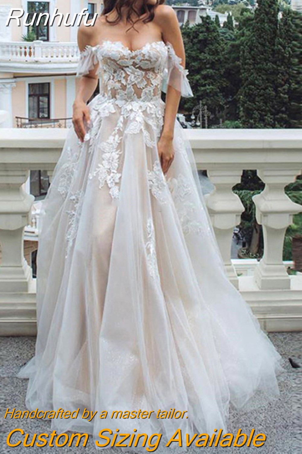 Runhufu Wedding Dress Lace Appliques Tulle Backless Beach Floor-length Wedding Party Gowns Off Shoulder Princess Vestido De Novia
