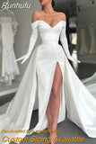 Runhufu Luxury Off Shoulder Mermaid Wedding Dress Lace Up High Right Split Detachable Train Taffeta Buttons Cathedral Bridal Gowns