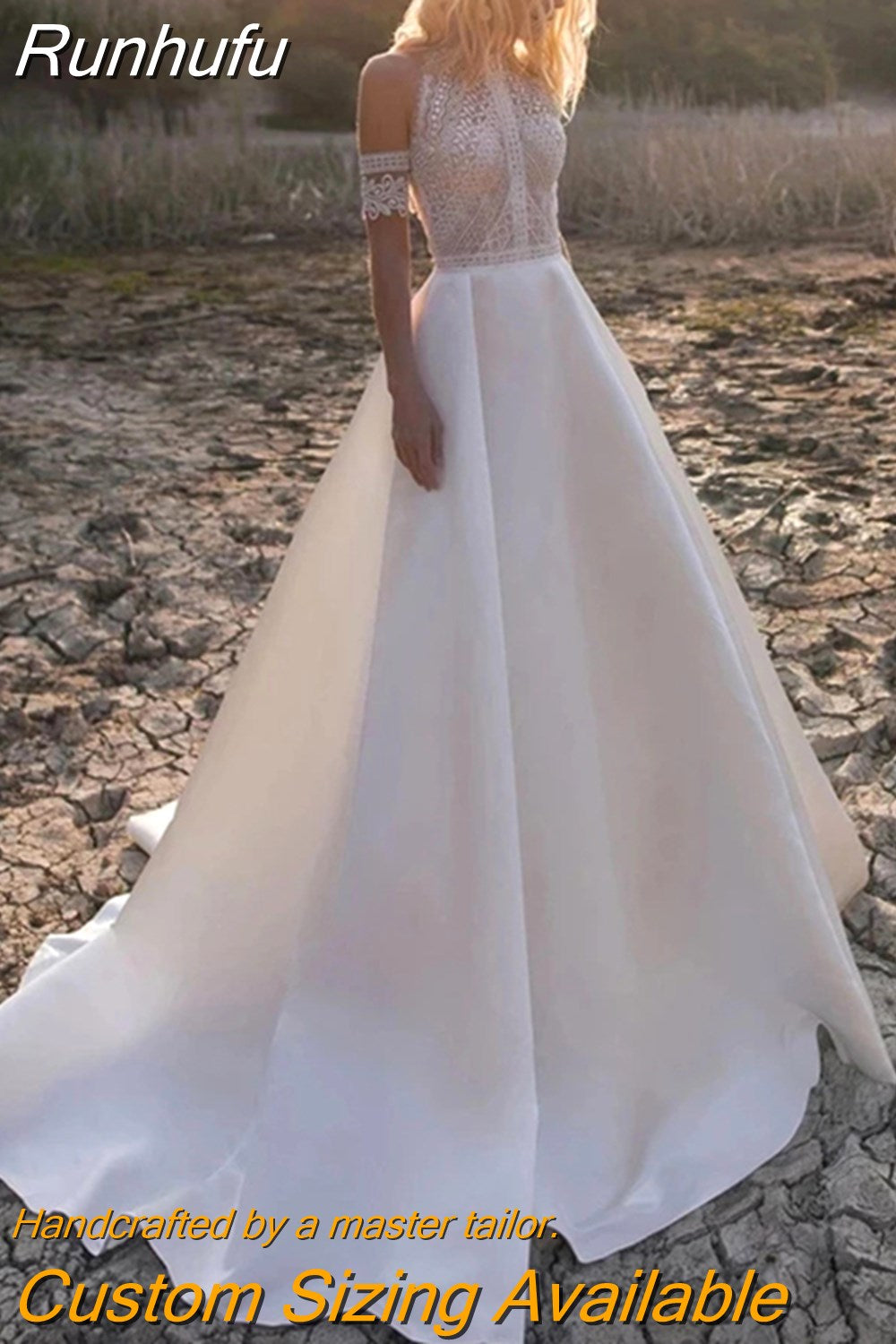 Runhufu Boho Satin Off The Shoulder Wedding Dresses Princess O-Neck A-Line Lace Appliques Illusion Back With Button Bridal Gowns