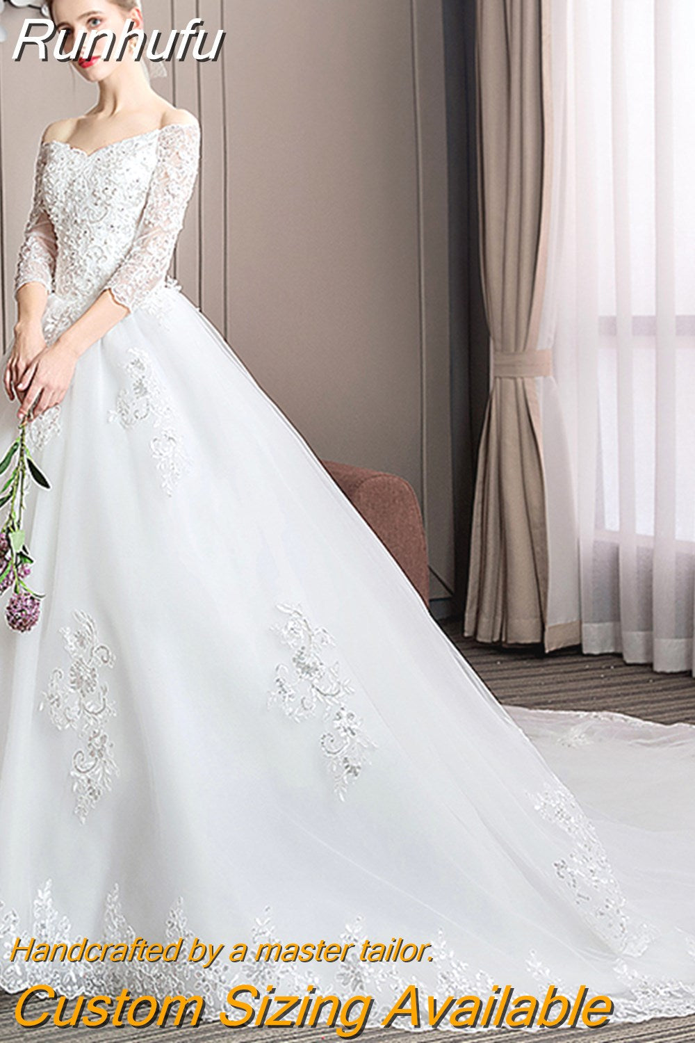 Runhufu Long Tail Half Sleeve Wedding Dress Princess Wedding Gown Lace V Neck Bridal Dress Plus Size
