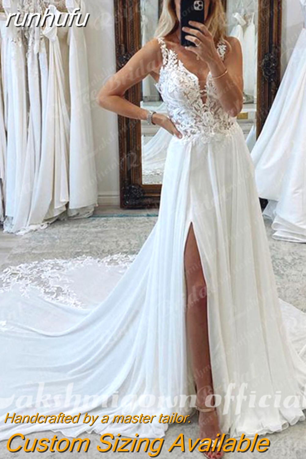 runhufu A-Line Split Chiffon Illusion Bodice Backless Beach Wedding Dresses for Women Appliques Summer Boho Bride Dress