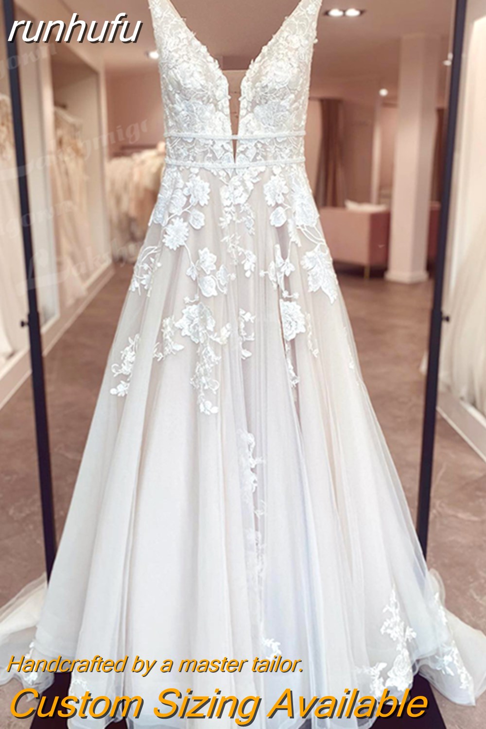 runhufu Bohemian Wedding Dresses V-Neck Appliques Lace A-Line Beach Princes Wedding Bridal Gown 2023 Plus Size