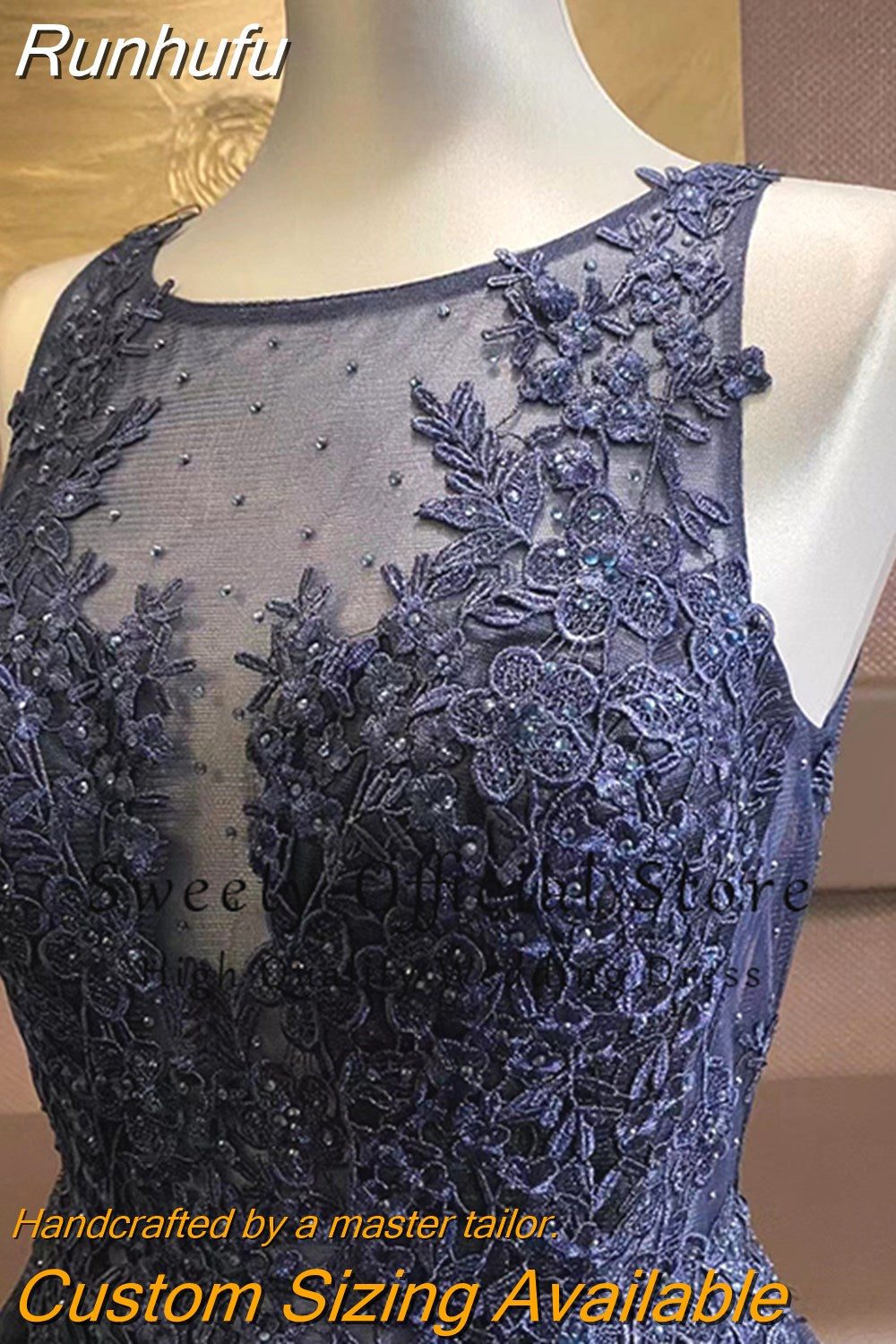 Runhufu A-line Floor Length Evening Dress Lace Organza With Embroidery Prom Dresses V-neck Sleeveless Bride Dress Zipper Robe De
