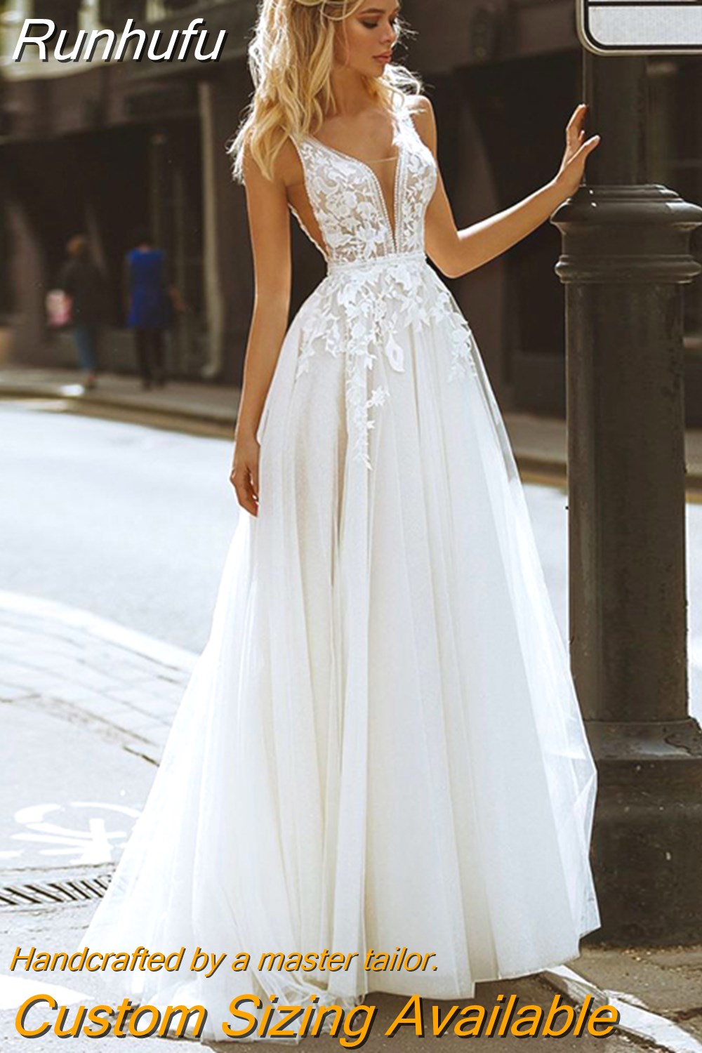 Runhufu Boho Wedding Dresses V-Neck Appliques Lace A-Line Tulle Wedding Gown Beach Simple Bridal Dress bestidos de novia 2023