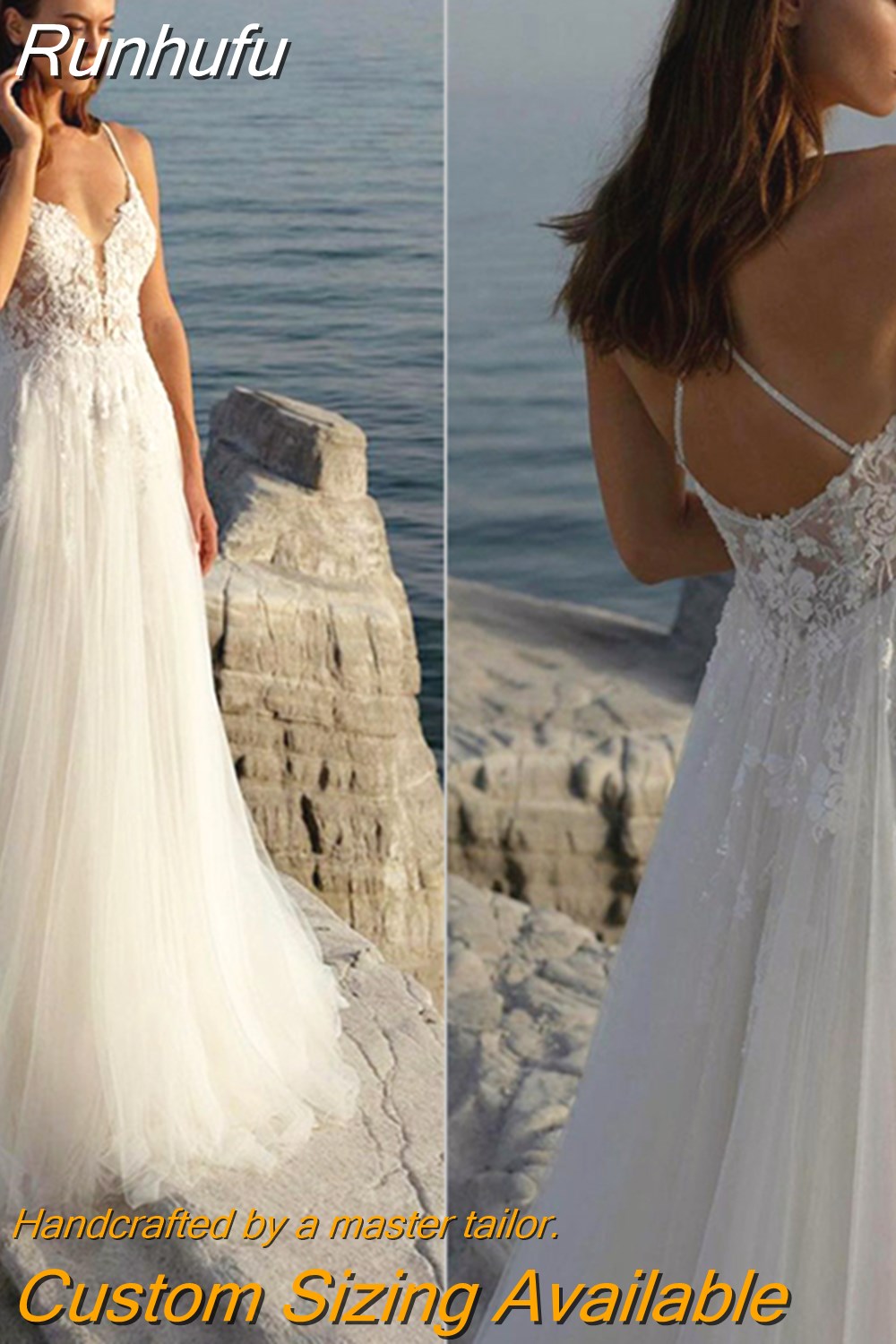 Runhufu Aviana Boho Lace Appliqué V-Neck Wedding Dress For Women A-Line Sleeveless Tulle Sweep Train Bridal Gown Robe De Mariée