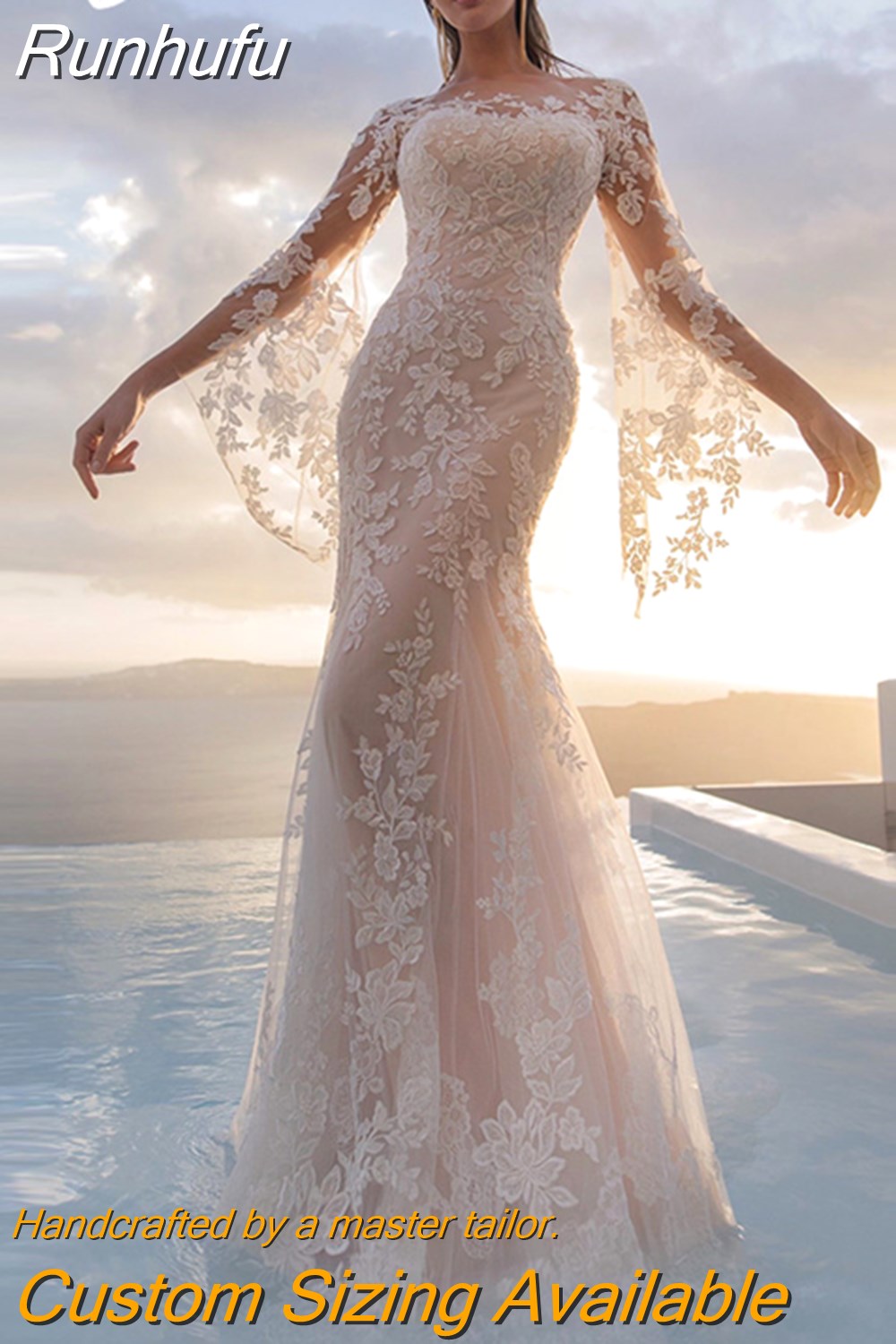 Runhufu Long Flare Sleeve Lace Mermaid Wedding Dress 2023 Sheer O-Neck Gorgeous Bridal Gown With Button Back Train Custom Made