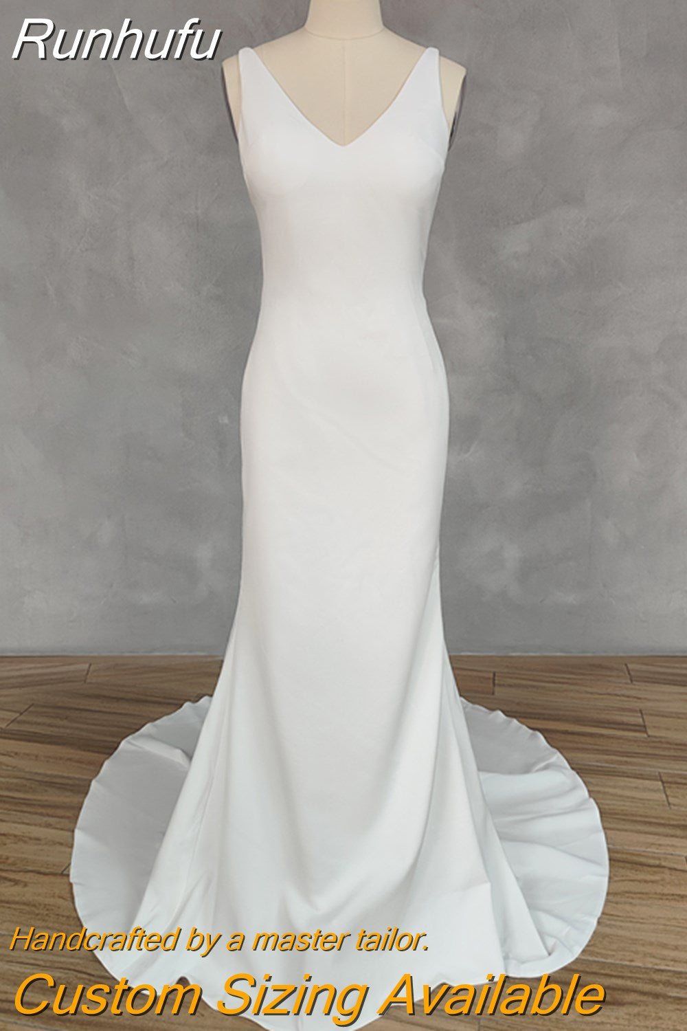 Runhufu Real Picture Simple V-Neck Sleeveless Spaghetti Crepe Mermaid Wedding Dress Open Back Court Train Bridal Gown