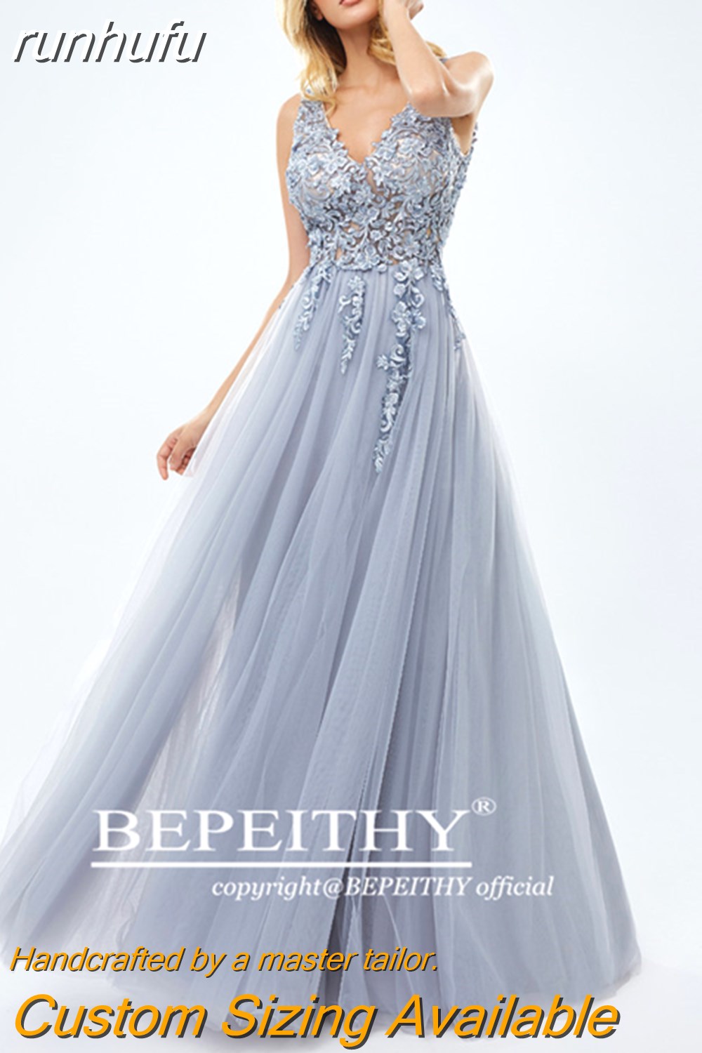 runhufu A-line Gray Formal Occasion Dress With Slit Lace Prom Dresses For Women Party Wedding Evening A-line Bridesmaid Gown