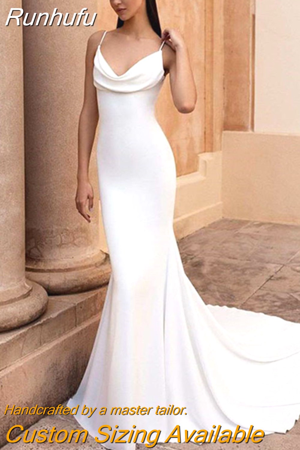 Runhufu Mermaid Wedding Dress White Satin Cowl Neck Sexy Spaghetti Strap Beach Bridal Gown Long Train Buttons Vestido de Novia