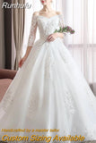 Runhufu Long Tail Half Sleeve Wedding Dress Princess Wedding Gown Lace V Neck Bridal Dress Plus Size