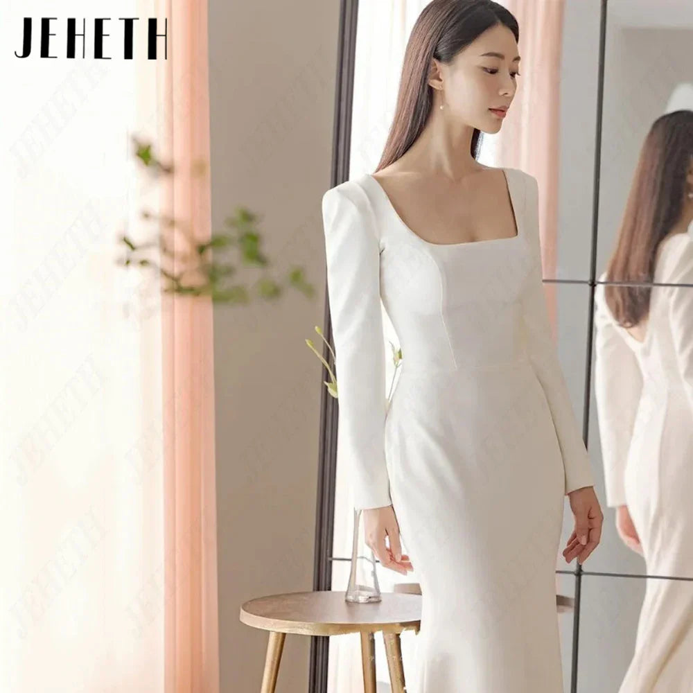 Runhufu Long Sleeves Square Neck Ivory Wedding Dresses Soft Satin Mermaid Korea Bridal Gowns Simple Elegant ????? Custome Made