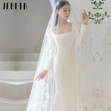 Runhufu Long Sleeves Square Neck Ivory Wedding Dresses Soft Satin Mermaid Korea Bridal Gowns Simple Elegant ????? Custome Made