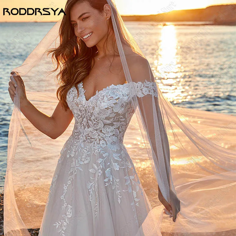 Runhufu Appliques Off Shoulder Wedding Dresses A-line Tulle Sweep Train Beach Bridal Gowns Back Buttons vestidos de novia playa