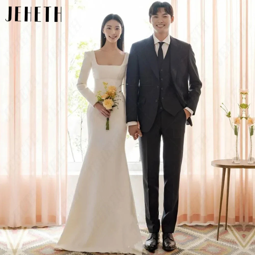 Runhufu Long Sleeves Square Neck Ivory Wedding Dresses Soft Satin Mermaid Korea Bridal Gowns Simple Elegant ????? Custome Made