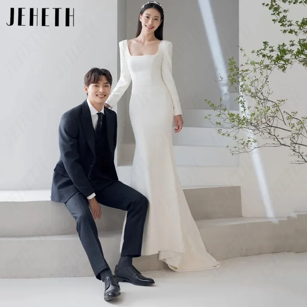 Runhufu Long Sleeves Square Neck Ivory Wedding Dresses Soft Satin Mermaid Korea Bridal Gowns Simple Elegant ????? Custome Made