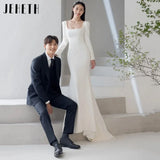 Runhufu Long Sleeves Square Neck Ivory Wedding Dresses Soft Satin Mermaid Korea Bridal Gowns Simple Elegant ????? Custome Made