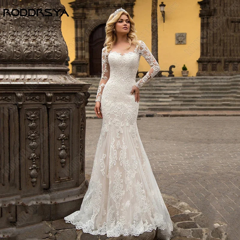 Runhufu Mermaid Wedding Dress Sweetheart Appliques Bridal Gown For Women Lace Long Sleeve Vestidos De Noiva Mariage Custom Made
