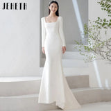 Runhufu Long Sleeves Square Neck Ivory Wedding Dresses Soft Satin Mermaid Korea Bridal Gowns Simple Elegant ????? Custome Made