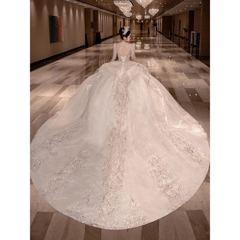 runhufu Luxury Long Train Wedding Dress 2023 New Bridal Dresses Ball Gown Long Sleeve Winter Beading Wedding Gowns