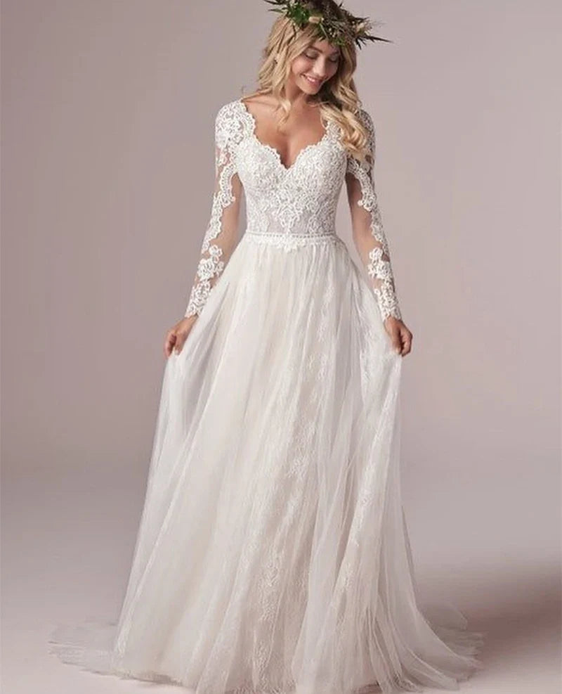 Runhufu Latest Long Sleeves Wedding Dresses Lace Wedding Gowns Backless V Neckline Bridal Gowns 2024 On Sale Court Train
