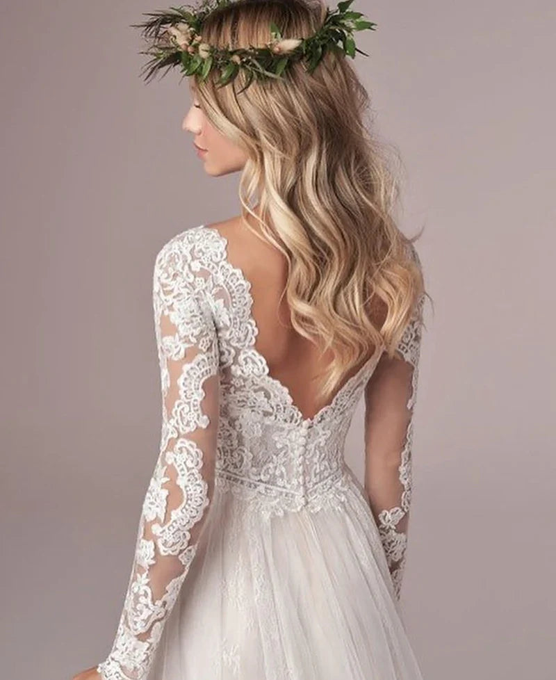 Runhufu Latest Long Sleeves Wedding Dresses Lace Wedding Gowns Backless V Neckline Bridal Gowns 2024 On Sale Court Train