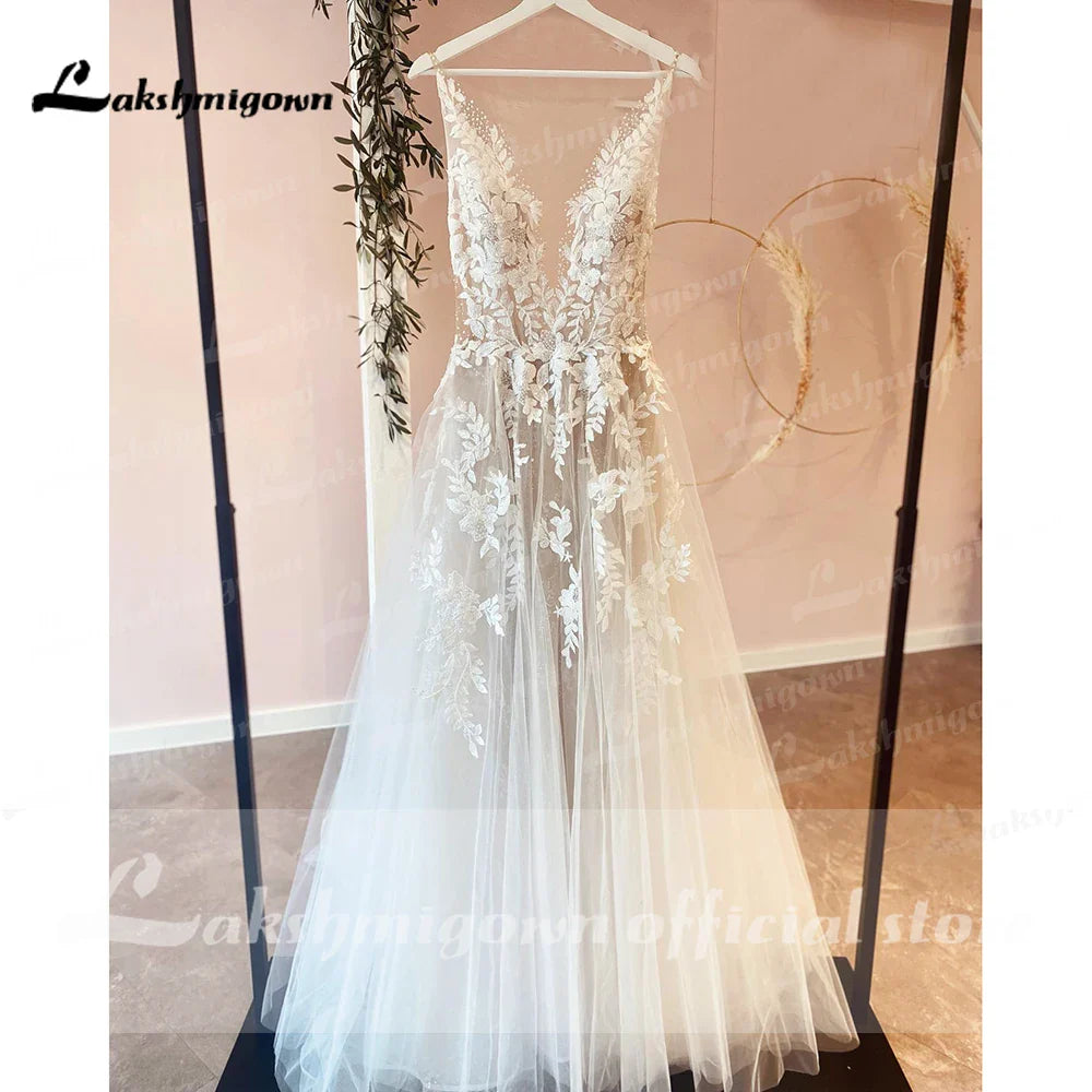 Runhufu A-Line Backless Wedding Dress 2024 Vintage Lace Applique Beaded Off White Tulle Wedding Gowns Trouwjurk Long Bridal Dress