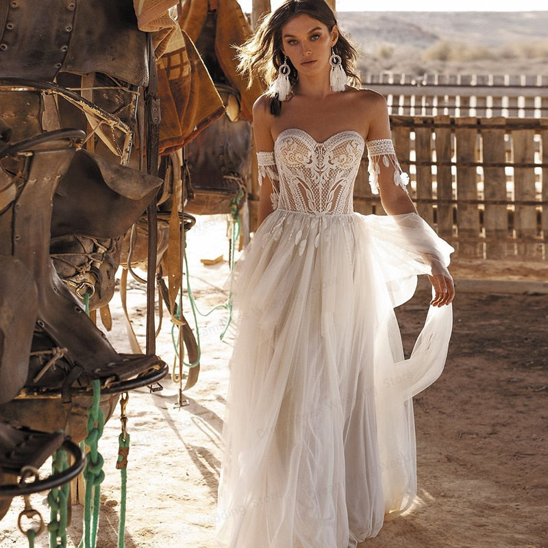 Runhufu Charming Boho Wedding Dress Sweetheart Lace A-line Appliques Bohemian Off The Shoulder Bridal Gown Robe De Mariage