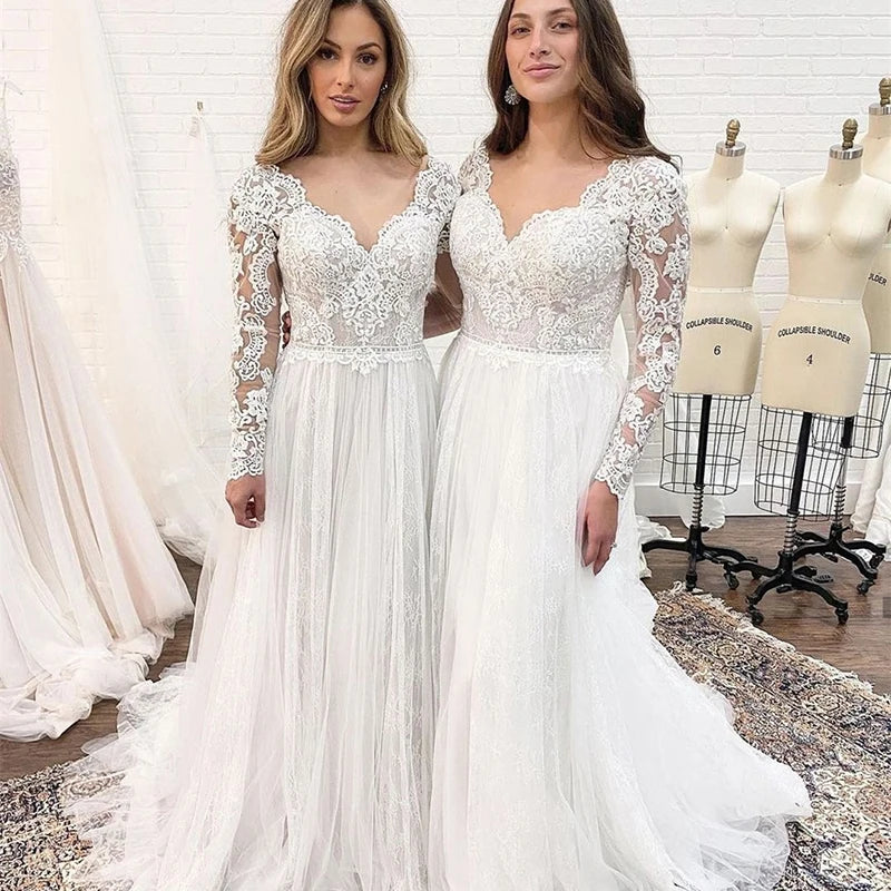 Runhufu Latest Long Sleeves Wedding Dresses Lace Wedding Gowns Backless V Neckline Bridal Gowns 2024 On Sale Court Train