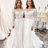 Runhufu Latest Long Sleeves Wedding Dresses Lace Wedding Gowns Backless V Neckline Bridal Gowns 2024 On Sale Court Train
