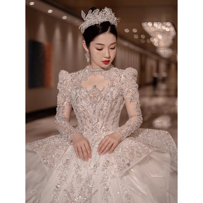 runhufu Luxury Long Train Wedding Dress 2023 New Bridal Dresses Ball Gown Long Sleeve Winter Beading Wedding Gowns