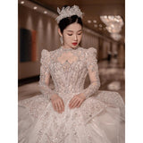 runhufu Luxury Long Train Wedding Dress 2023 New Bridal Dresses Ball Gown Long Sleeve Winter Beading Wedding Gowns