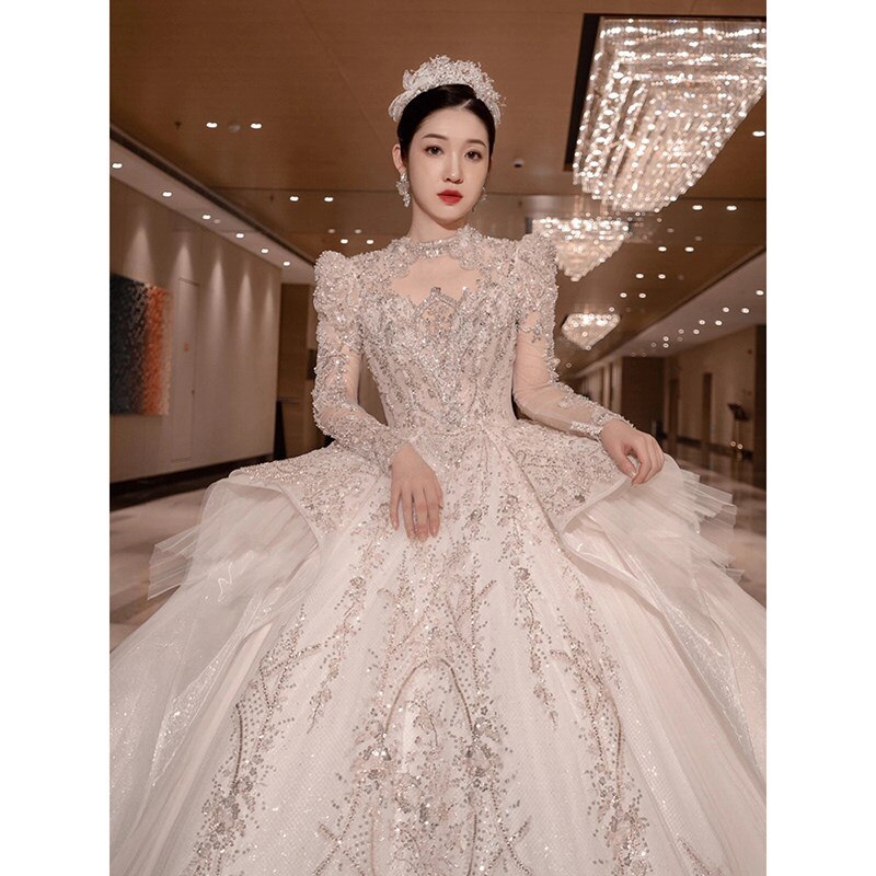 runhufu Luxury Long Train Wedding Dress 2023 New Bridal Dresses Ball Gown Long Sleeve Winter Beading Wedding Gowns