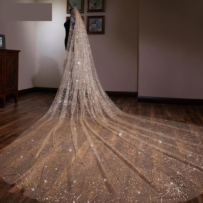 runhufu Accessories 2023 New Arrival The Champagne Chapel Veil Bling Bling Bridal Veils Beading Wedding Veil