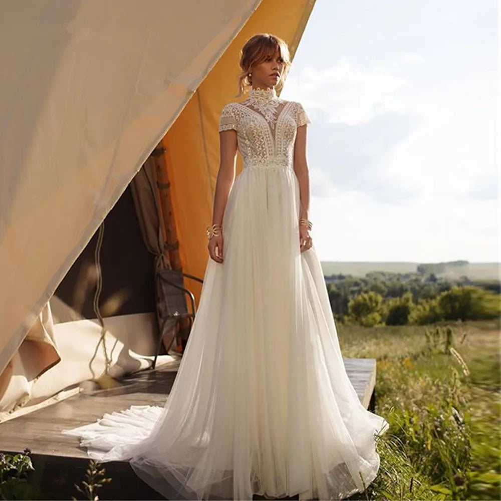 Runhufu Boho Lace Tulle High Neck Wedding Dress 2024 Cap Sleeves A-Line Bohemian Bridal Gown Vintage Elegant Robe De Mari¨¦e