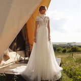 Runhufu Boho Lace Tulle High Neck Wedding Dress 2024 Cap Sleeves A-Line Bohemian Bridal Gown Vintage Elegant Robe De Mari¨¦e
