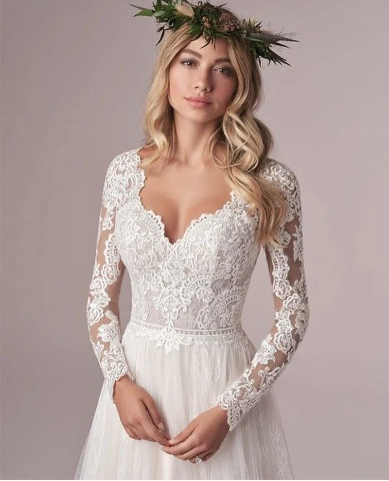 Runhufu Latest Long Sleeves Wedding Dresses Lace Wedding Gowns Backless V Neckline Bridal Gowns 2024 On Sale Court Train