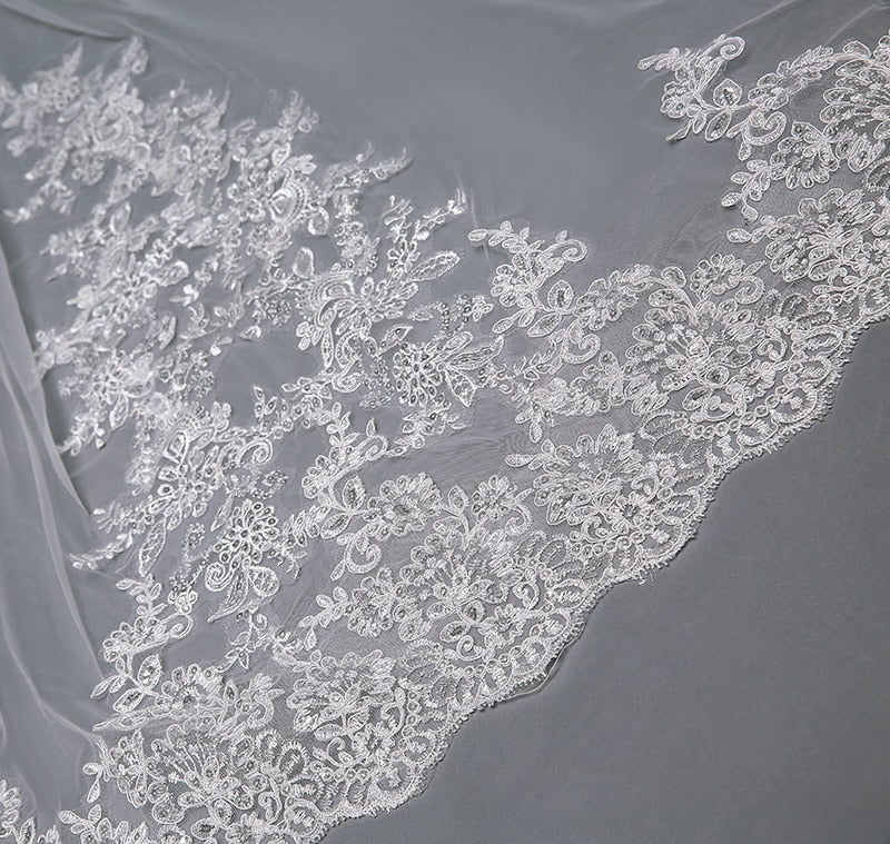 runhufu Long Wedding Cathedral Veil Short Front Veil Lace Appliqued With Comb Bridal Veils Hot Sale Wedding Accessories