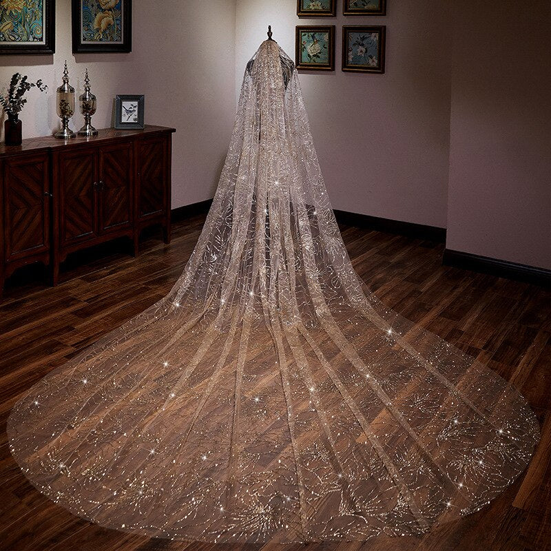 runhufu Accessories 2023 New Arrival The Champagne Chapel Veil Bling Bling Bridal Veils Beading Wedding Veil