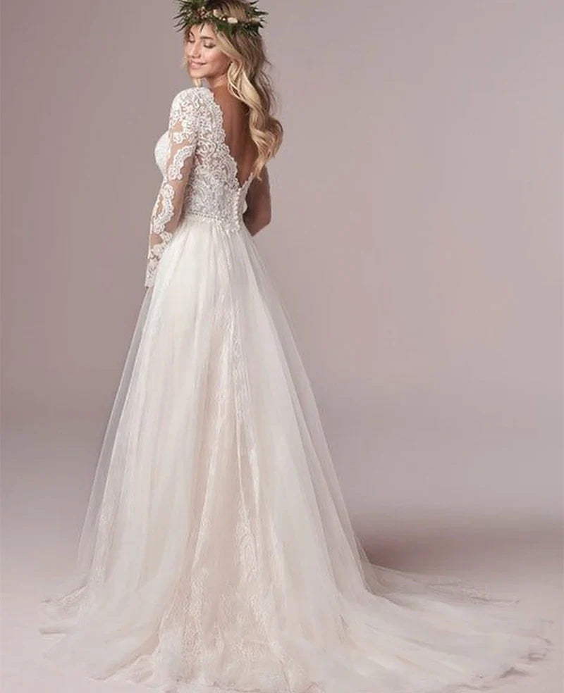 Runhufu Latest Long Sleeves Wedding Dresses Lace Wedding Gowns Backless V Neckline Bridal Gowns 2024 On Sale Court Train