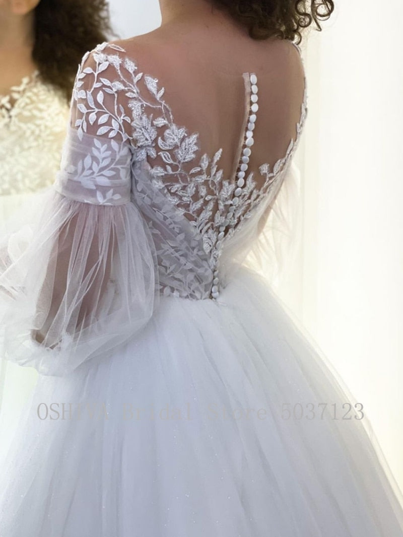 Runhufu Beach Wedding Dress A-Line Long Puff Sleeve Sheer Illusion Back Lace Appliques Bride Gown Vestido De Noiva