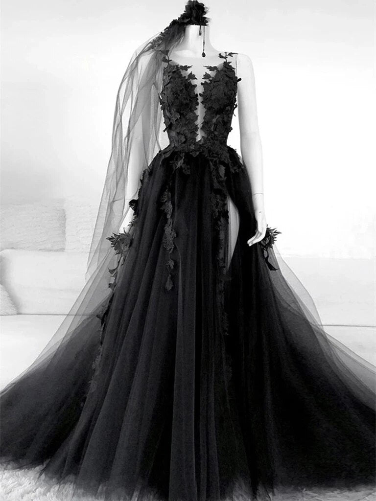 runhufu Black Wedding Dresses Sexy Backless High Side Split A-line Bridal Dress Lace Wedding Gowns Without Veil Vestido De Novia